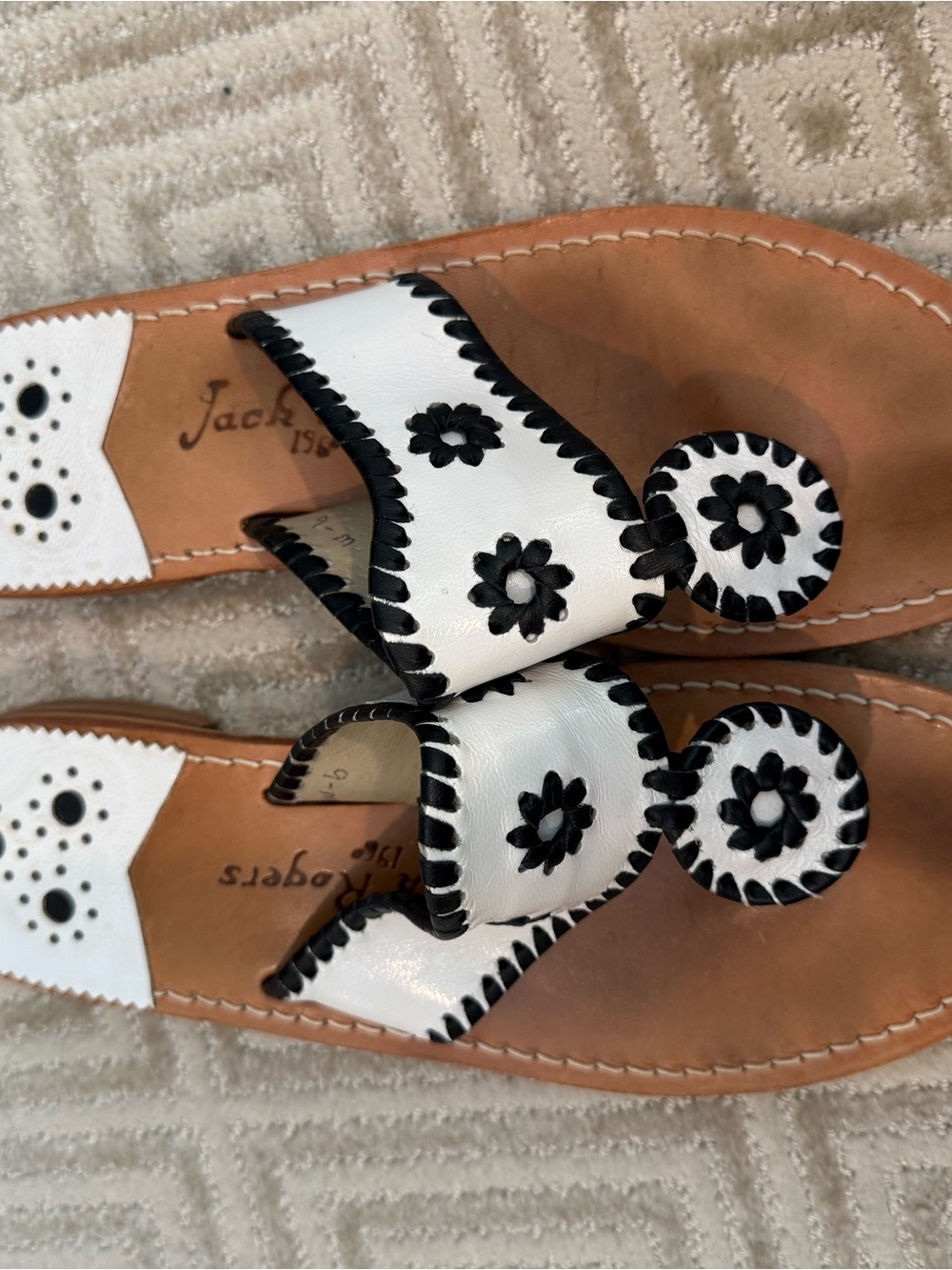 Jack Rogers White & Black Floral Stitched Sandals